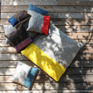 Floor cushion beanbag wool cushion sheep wool grey yellow Michelle Mohr Textildesign